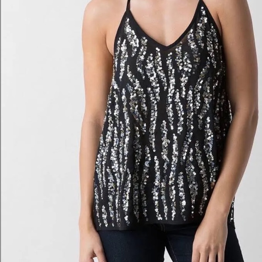BKE Black Sequin Strappy V-Neck Tank